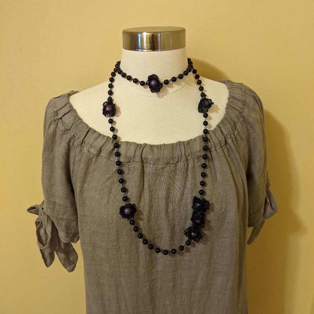 Black Beaded Rope Necklace with Large Purple Accent Beads Wrapped in Black Lace